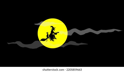 Halloween. Witch on a broomstick with a cat flies against the backdrop of the moon