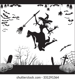 Halloween witch on a broomstick flying, silhouette, vector illustration hanging upside down and in flight, to print labels and office decoration, crafts, template for cutting