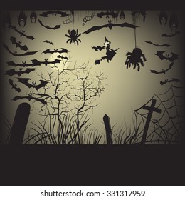 Halloween witch on a broomstick flying, silhouette, vector illustration of a bat, spider, web, graves, bat hanging upside down in flight, label printing and office decoration, crafts, pattern cutting