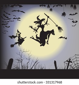 Halloween witch on a broomstick flying, silhouette, vector illustration of a bat, spider, web, graves, bat hanging upside down in flight, label printing and office decoration, crafts, pattern cutting