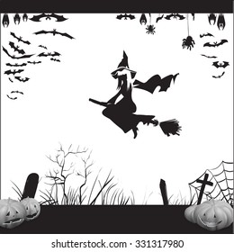 Halloween witch on a broomstick flying, silhouette, vector illustration of a bat, spider, web, graves, bat hanging upside down in flight, label printing and office decoration, crafts, pattern cutting