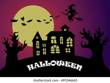 Halloween witch on a broomstick flying over a creepy mansion at night