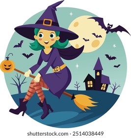 Bruxa do Dia das Bruxas na vassoura. Noite de Halloween assustadora
