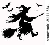 Halloween Witch on broomstick vector illustration, Witch Riding A Broomstick silhouette vector graphics