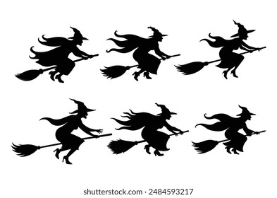 Halloween Bruja en Ilustración vectorial de escoba, Bruja montando una silueta de escoba, Arte vectorial de escoba