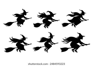 Halloween Witch on broomstick vector illustration, Witch Riding A Broom silhouette, broomstick vector art