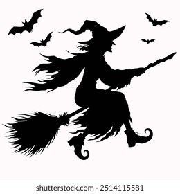 Bruxa de Halloween na ilustração vetor de vassoura, Witch Riding A Broomstick silhueta vetorial gráficos