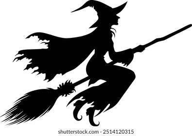 Halloween Witch on broomstick vector graphics, Witch Riding A Broomstick silhouette vector art