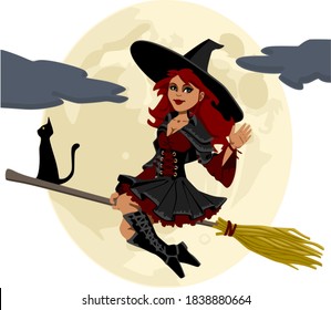 Halloween Witch on fly With Black Cat