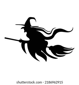 
Halloween witch on a flying broom white background, witch shadow