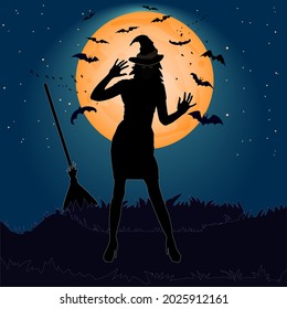 Halloween witch on the moon background. Beautiful witch girl silhouette in night. Sexy woman witch stands at night under the moon and stars. For holiday card, flyer, poster, invitation, banner. Vector