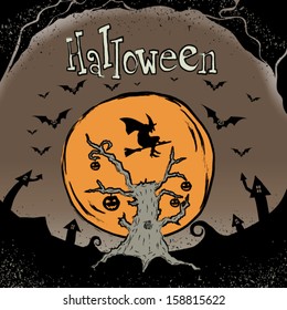Halloween Witch on moon with Dead tree in brown background 