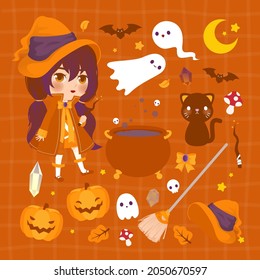 Halloween Witch Orange Brown Spooky Scary Creepy Holiday Pumpkin Ghost October Horror Witch Black Cat Bat Cauldron Skull Night Vector Cute Event Dark Fantasy 