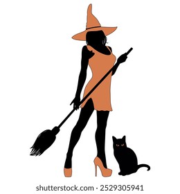 Halloween witch in orange hat and dress standing with broomstick and black cat. Vector silhouette of young halloween witche. Witch icon.