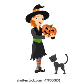Halloween witch with orange pumpkin and black cat.  Isolated.