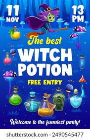 Halloween witch party flyer with funny witch and potion bottles. vector invitation poster or card with cartoon cute hag flying on broom at night enchanting forest with colorful mushrooms and flasks