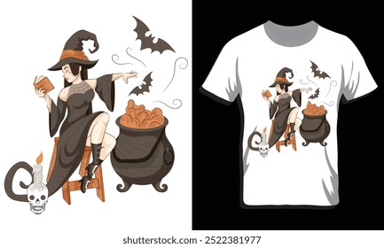 Halloween Witch Pin Up Vintage Retro Super Cool premium vector t-shirt design template