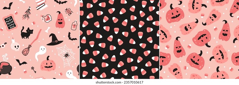 Halloween witch pink set and seamless pattern. Vector childish illustration of magic elements in simple cartoon hand-drawn style. Round frame. The limited palette is ideal for printing