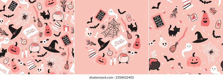 Conjunto rosa de bruja de Halloween y patrón sin fisuras. Ilustración infantil vectorial de elementos mágicos en un sencillo estilo dibujado a mano. Marco redondo. La paleta limitada es ideal para imprimir