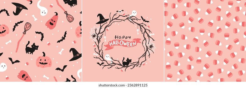 Halloween witch pink set and seamless pattern. Vector childish illustration of magic elements in simple cartoon hand-drawn style. Round frame. The limited palette is ideal for printing