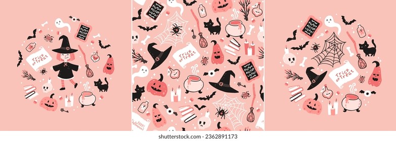 Halloween witch pink set and seamless pattern. Vector childish illustration of magic elements in simple cartoon hand-drawn style. Round frame. The limited palette is ideal for printing.