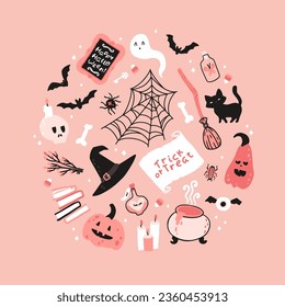 Halloween witch pink set. Vector childish illustration of magic elements in simple cartoon hand-drawn style. Round frame. The limited palette is ideal for printing.
