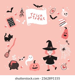 Halloween witch pink template. Vector childish illustration of magic elements in simple cartoon hand-drawn style. Round frame. The limited palette is ideal for printing