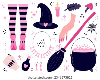 Halloween witch pinky vector set. Halloween pink set with witch legs, hat, broom, witch nails and bone necklace in flat style