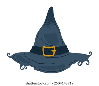 Halloween witch pointy hat. Thorn wizard hat, spooky trick or treat october party costume element flat vector illustration. Hand drawn magician hat on white