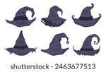 Halloween witch pointy hats. Spooky thorn wizard hats, trick or treat october party magic costume element flat vector illustration set. Hand drawn magician hats collection
