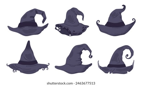 Halloween witch pointy hats. Spooky thorn wizard hats, trick or treat october party magic costume element flat vector illustration set. Hand drawn magician hats collection