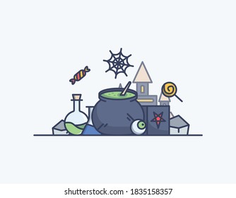 Halloween witch poison flat outline illustration