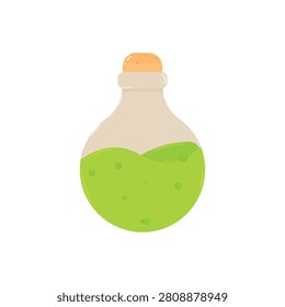 Halloween Witch Poison Potion Vector Illustration. Cartoon Green Liquid Elixir with Bubbles in Glass Bottle Sealed with Cork Stopper, Isolated on White Background for Web UI and Game Design