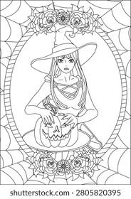 halloween witch portrait coloring page for adult outline art vector design