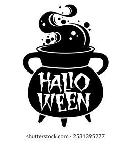 Halloween witch pot black silhouette hand written lettering vector illustration on white background.