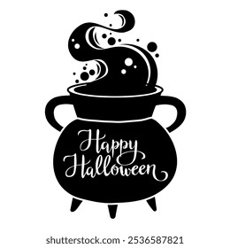 Halloween witch pot black silhouette hand written lettering vector illustration on white background.