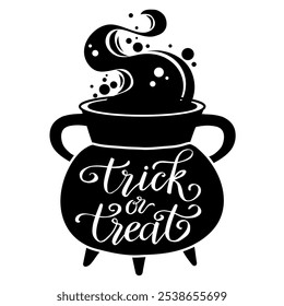 Halloween witch pot black silhouette hand written lettering vector illustration on white background.