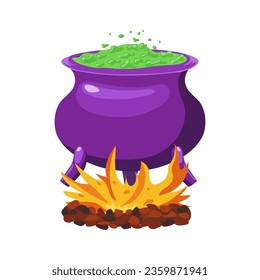 Halloween witch pot with green liquid and fire. Decor for Halloween celebration. Isolated purple cauldron graphic template. Vector illustration.