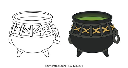 Halloween witch pot. Hand drawn vector illustration. Can be used for coloring book, games, tattoo, cards etc.