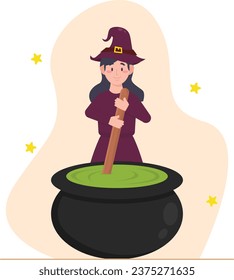 Halloween witch with pot of potion. Cute cartoon vector illustration.