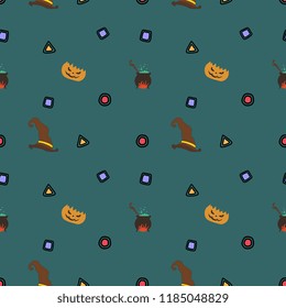 Halloween witch pot pumpkin and witch hat seamless pattern. vector illustration for fashion textile print and wrapping with festive design.
