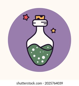 Halloween witch potion bottle. Cute simple linear flat icon. Colorful magic isolated illustration. Vector design