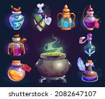 Halloween witch potion bottles set, cartoon boiling cauldron. Vector magic liquid in glass jar design element for gui games. Collection vials with caps, witchcraft apothecary antidotes. Spells elixir