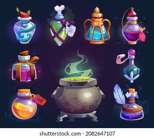 Halloween witch potion bottles set, cartoon boiling cauldron. Vector magic liquid in glass jar design element for gui games. Collection vials with caps, witchcraft apothecary antidotes. Spells elixir