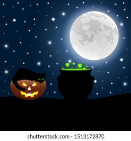 Halloween witch potion and cat on evil pumpkin lantern on Halloween