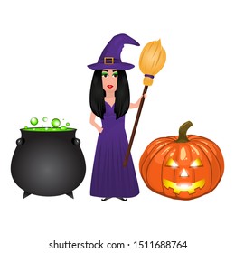 Halloween witch with potion potion and pumpkin lantern on a white