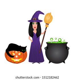 Halloween witch with potion potion and pumpkin lantern on a white