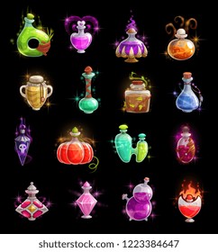 Halloween witch potion vector bottles. Magic poison colorful liquid in glass jars and vials with corks, snake and skull, sparkles, smoke and fire flames. Autumn horror holidays, vector icons