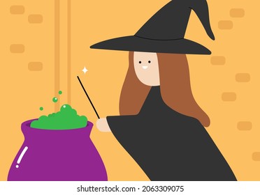 Halloween witch preparing potion. Cartoon character. Vector illustration