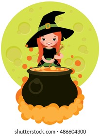 Halloween witch preparing potion cartoon vector illustration